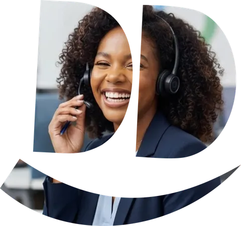 A smiling Skydd customer support agent wearing a headset, framed inside the Skydd logo
