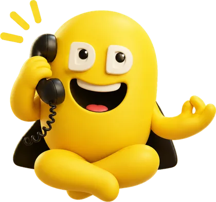 Skydd’s yellow mascot sitting cross-legged, smiling and chatting on a phone