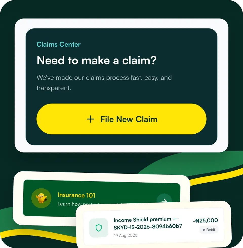 Skydd Claims Center with a File New Claim button, an Insurance 101 guide and a recent premium payment