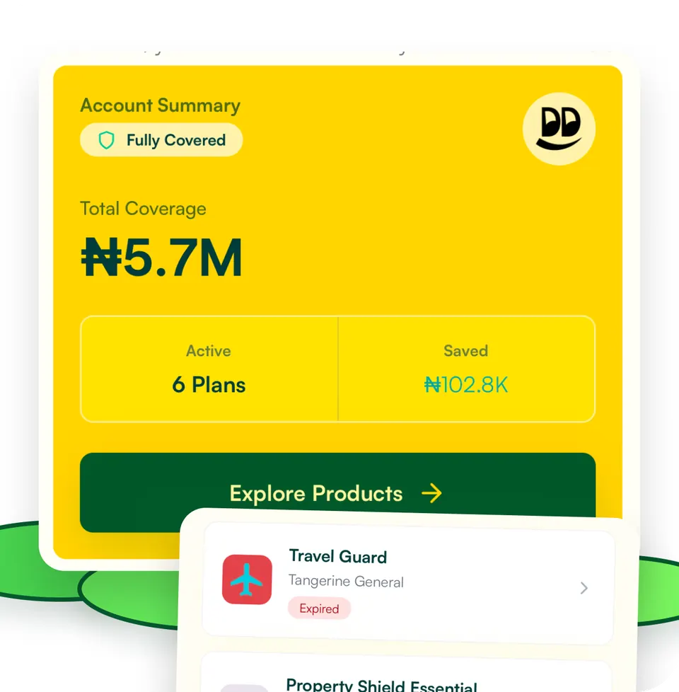 Skydd app account summary showing total coverage, active plans, savings and a list of plans