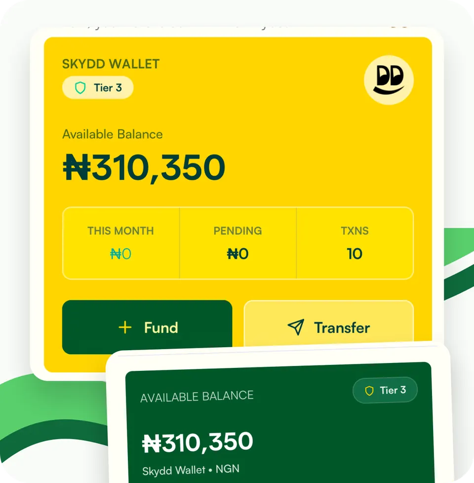 Skydd Wallet screen showing the available balance with Fund and Transfer buttons