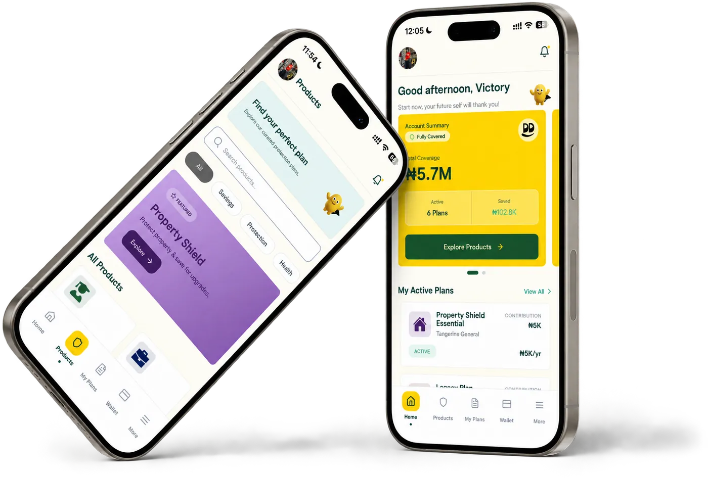 Two phones running the Skydd app: the Products screen with Property Shield featured, and the Home screen showing total coverage, active plans and savings