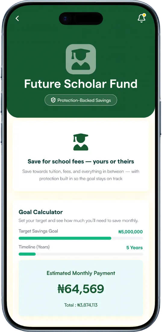Skydd app showing the Future Scholar Fund and its goal calculator