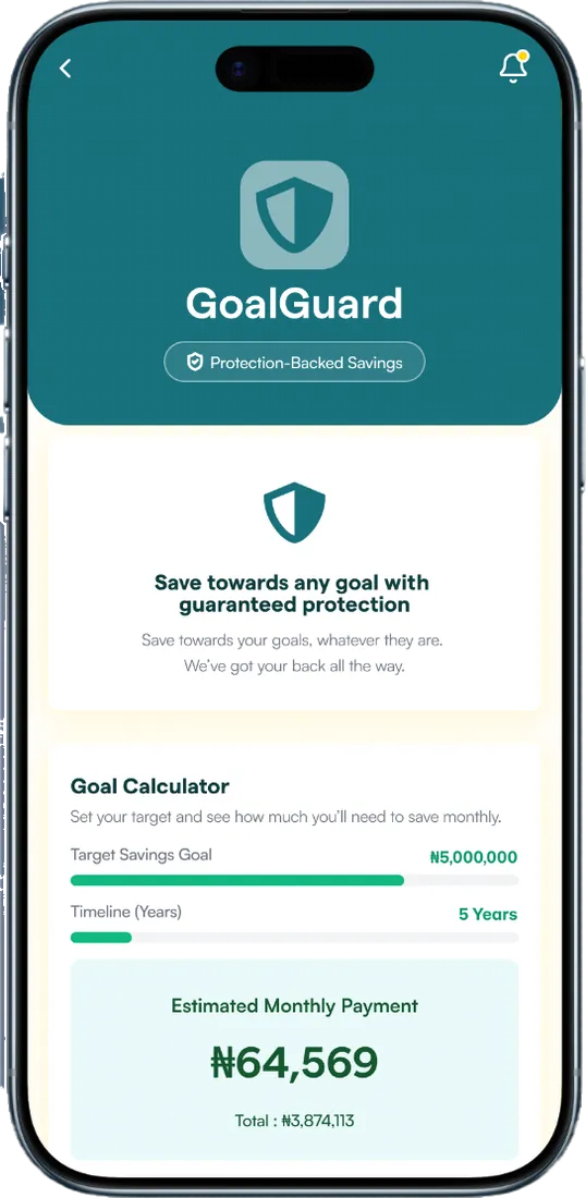 Skydd app showing Goal Guard protection-backed savings and its goal calculator