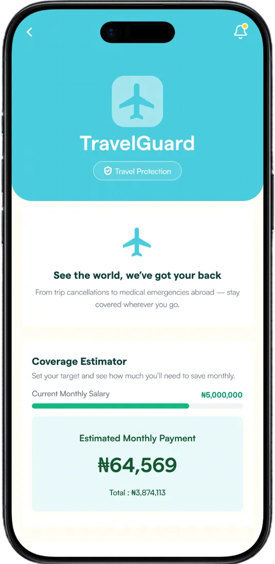 Skydd app showing the Travel Guard travel cover plan
