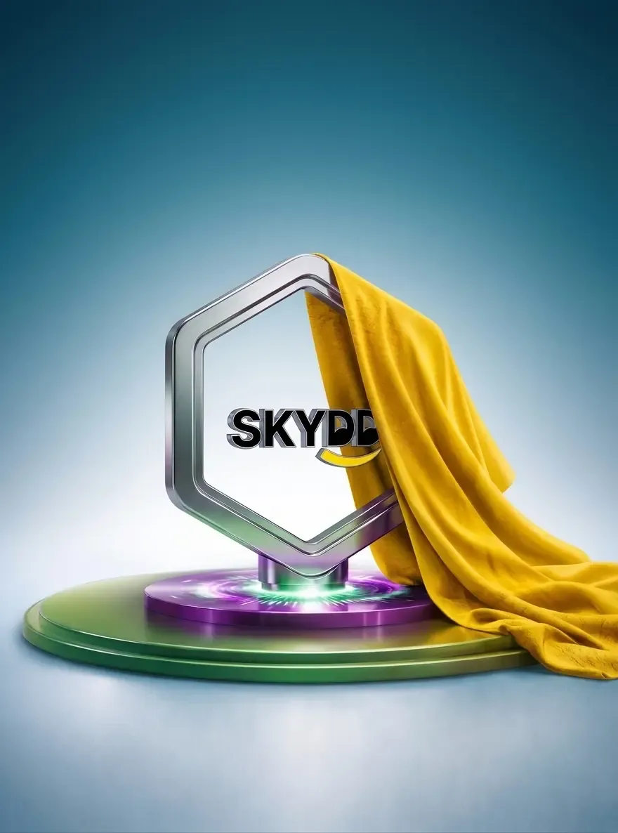 Skydd logo unveiled on a metallic hexagonal frame